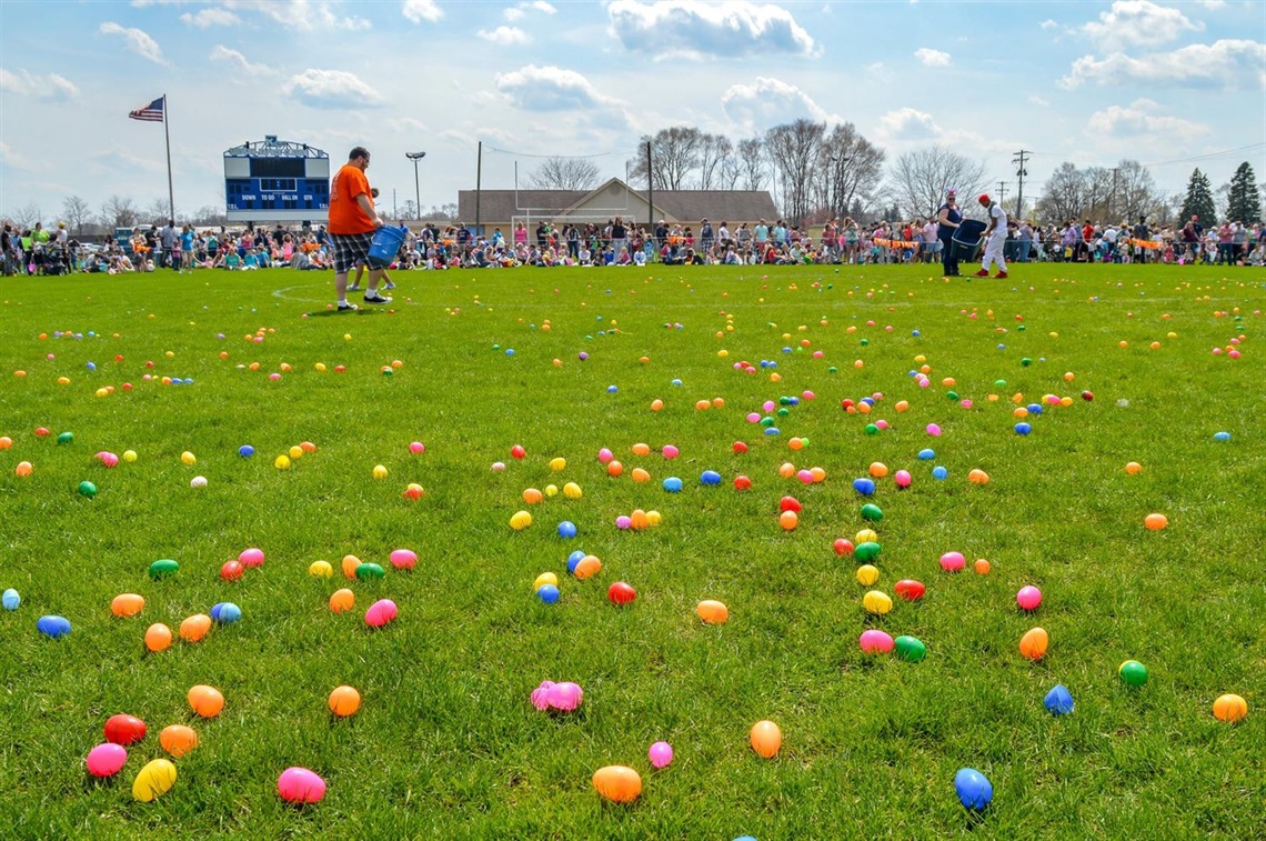 View of a field with eggs and people in the background at an egg hunt event.