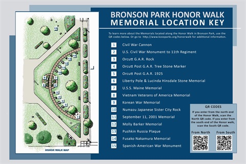 A map showing marker locations on the Bronson Park Honor Walk