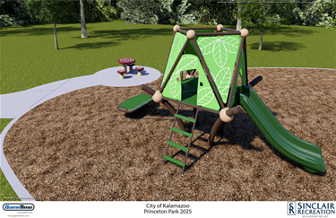 A rendering of the vista treehouse play equipment for Princeton Park with mushroom table and stools in the background. 