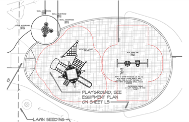 An aerial sketch of the layout for the Princeton Park playground including the Vista treehouse, swings, mushroom table and stools, and lawn seeding. 