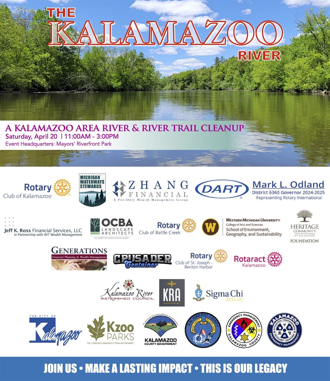 A graphic for a 2024 Kalamazo River clean up showing sponsor logos and a photo of the river.